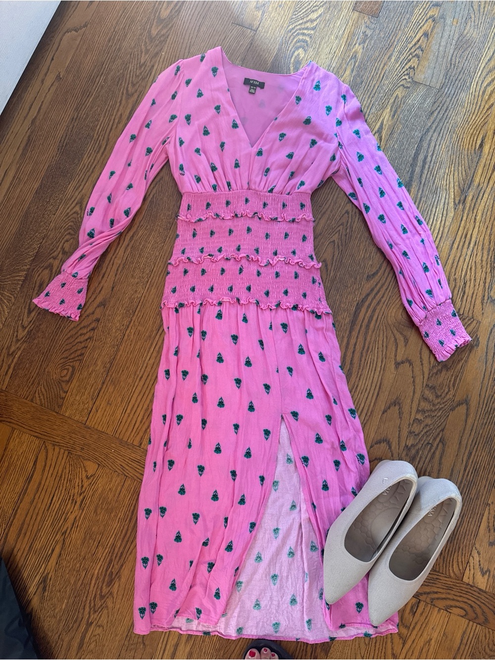 AFRM Pink Long Sleeve V-Neck Maxi Dress with Dark Teardrop Print